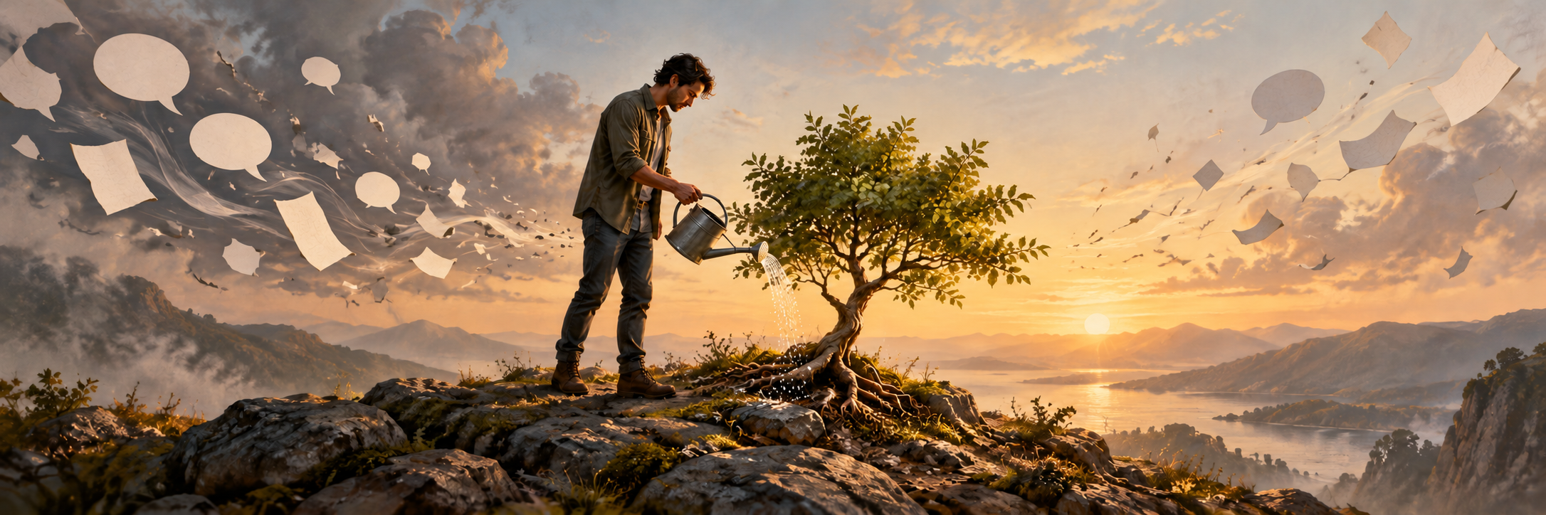 Watering a tree beneath blank paper scraps